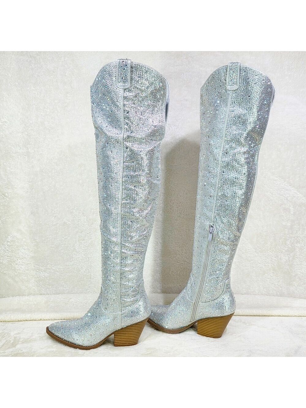 NIB Country Glam Iridescent Silver Rhinestone OTK Thigh High Cowgirl Boots